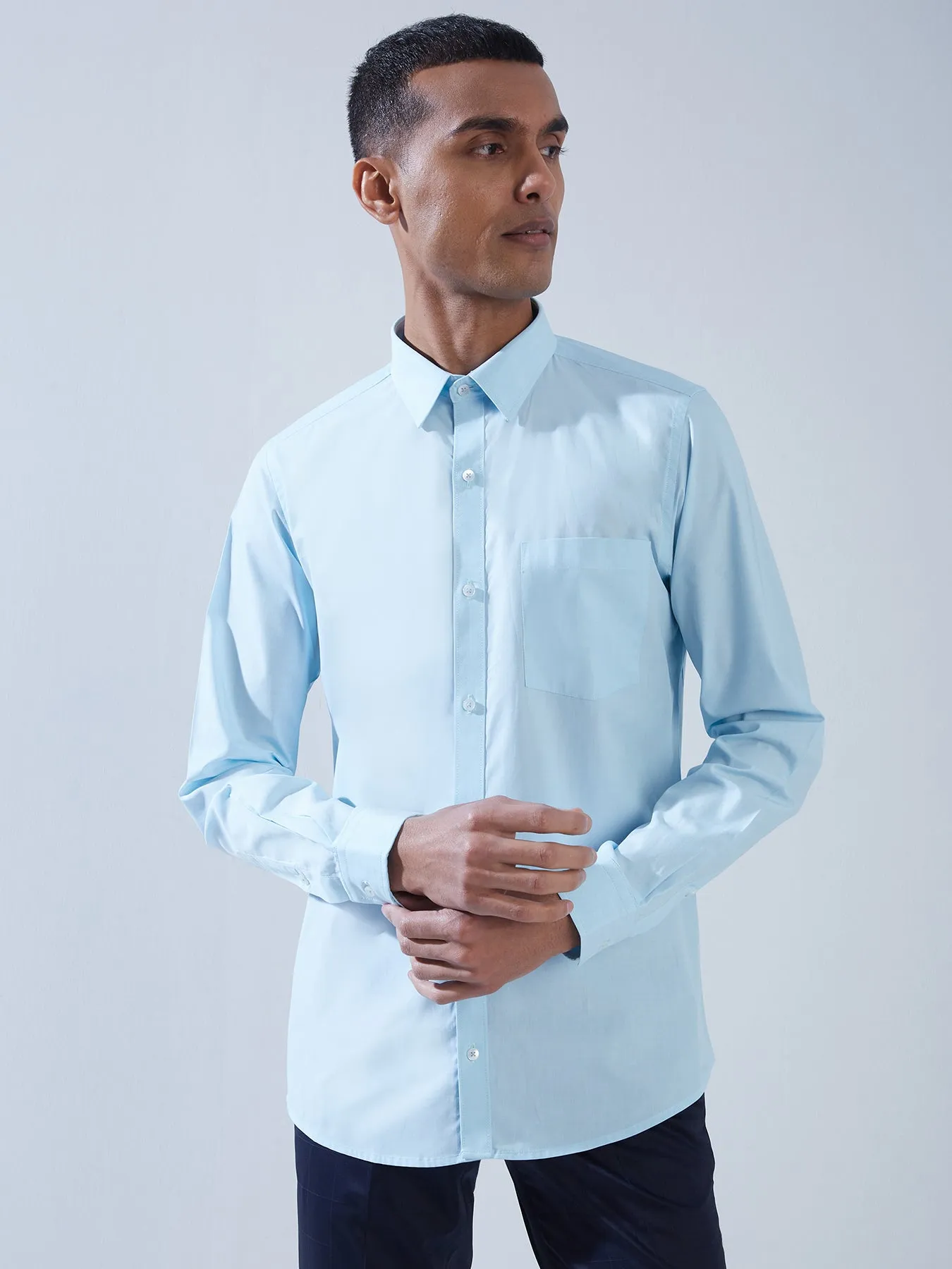 100% Cotton Sky Blue SLIM FIT Full Sleeve Formal Mens Plain Shirt