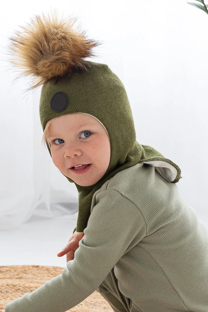 Baby's Merino Wool Faux Fur Pompom Helmet Cap Moss Green