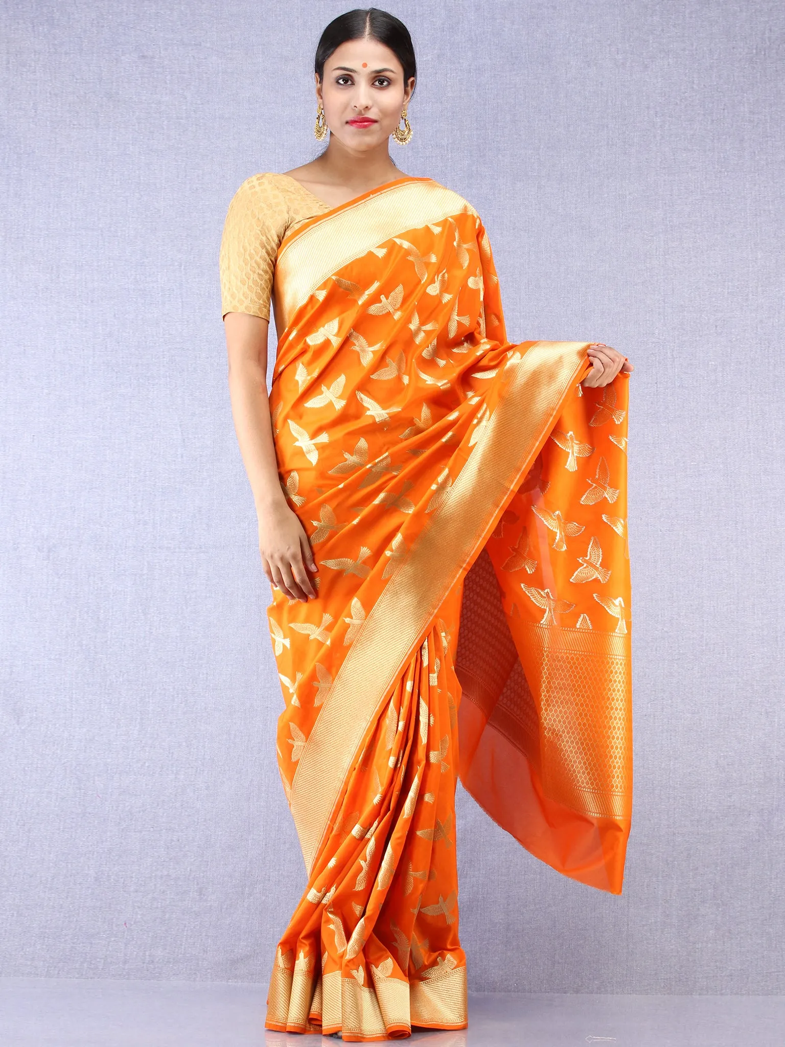 Banarasee Art Silk Saree With Bird Motif - Orange & Gold - S031704351