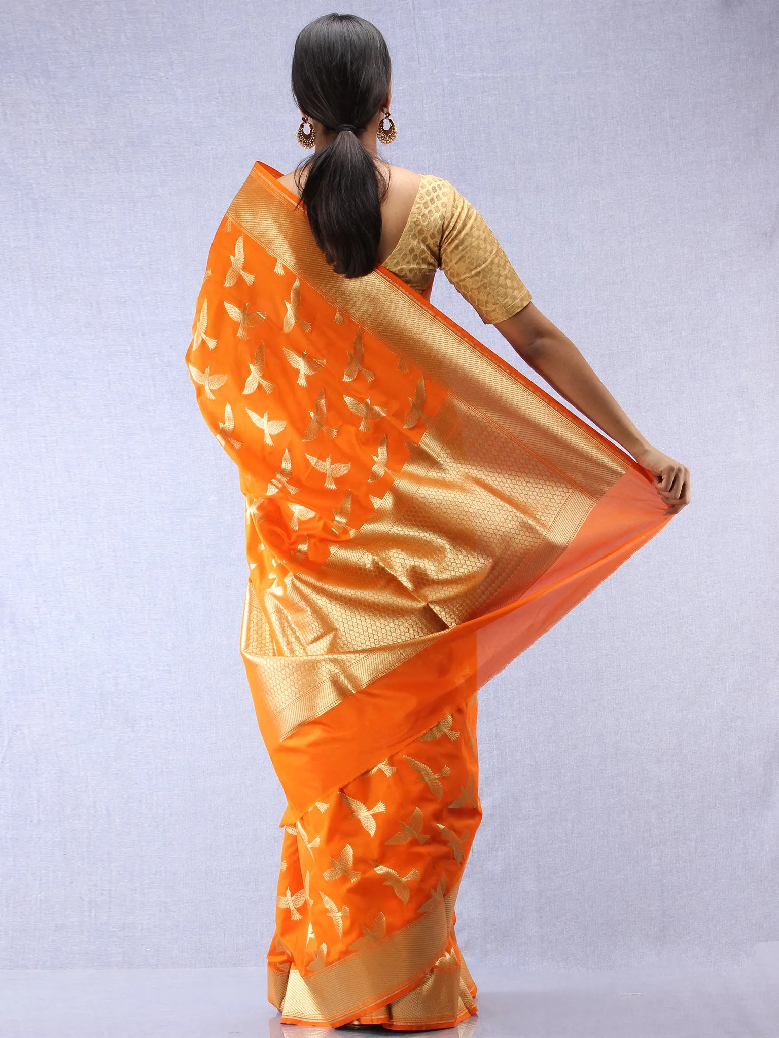 Banarasee Art Silk Saree With Bird Motif - Orange & Gold - S031704351