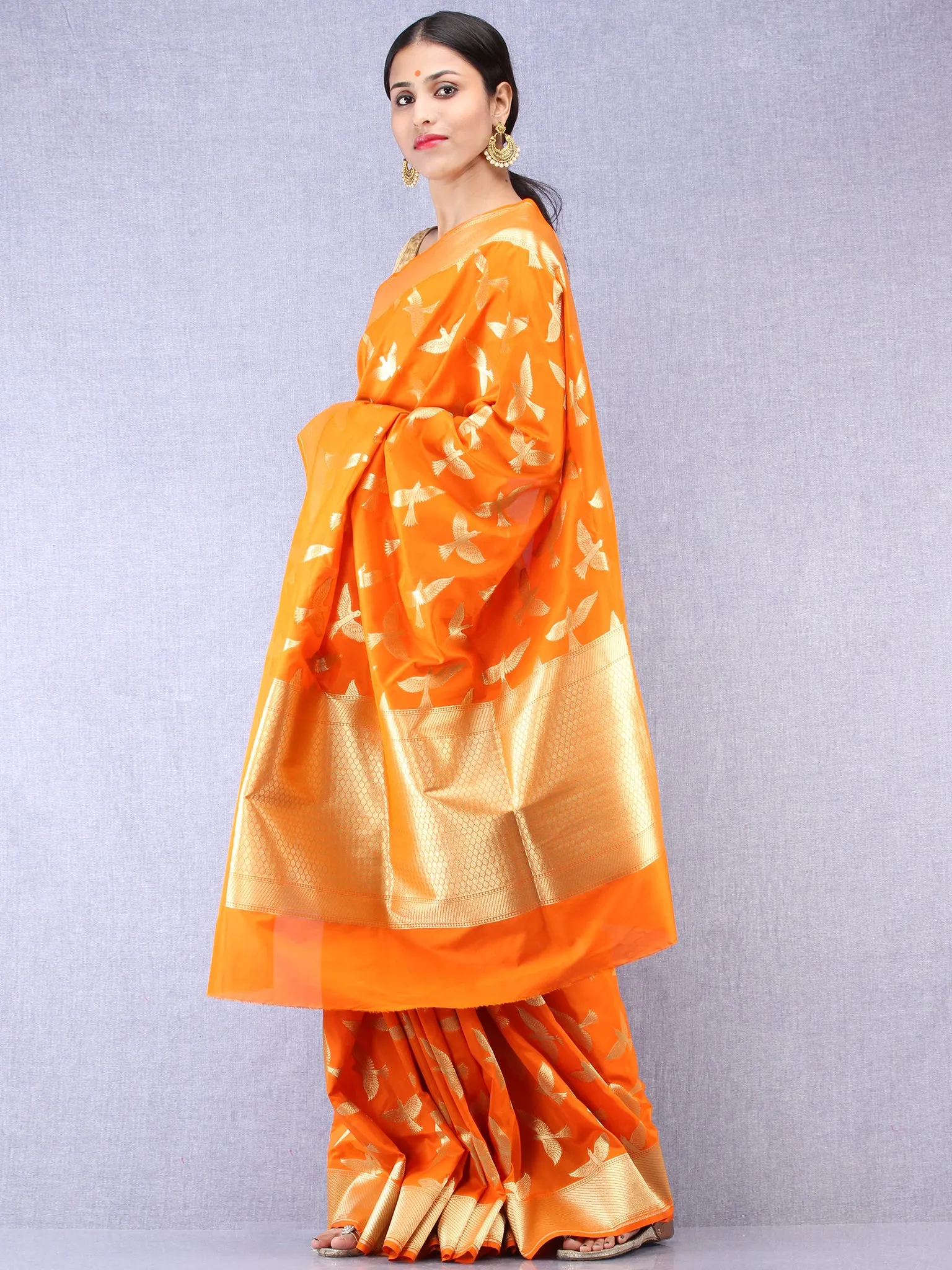 Banarasee Art Silk Saree With Bird Motif - Orange & Gold - S031704351