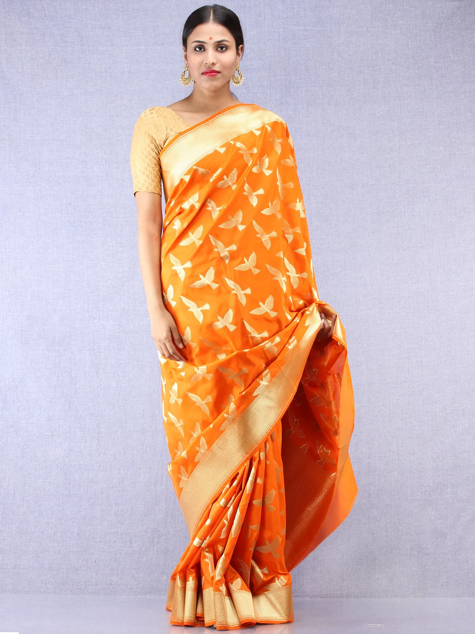 Banarasee Art Silk Saree With Bird Motif - Orange & Gold - S031704351