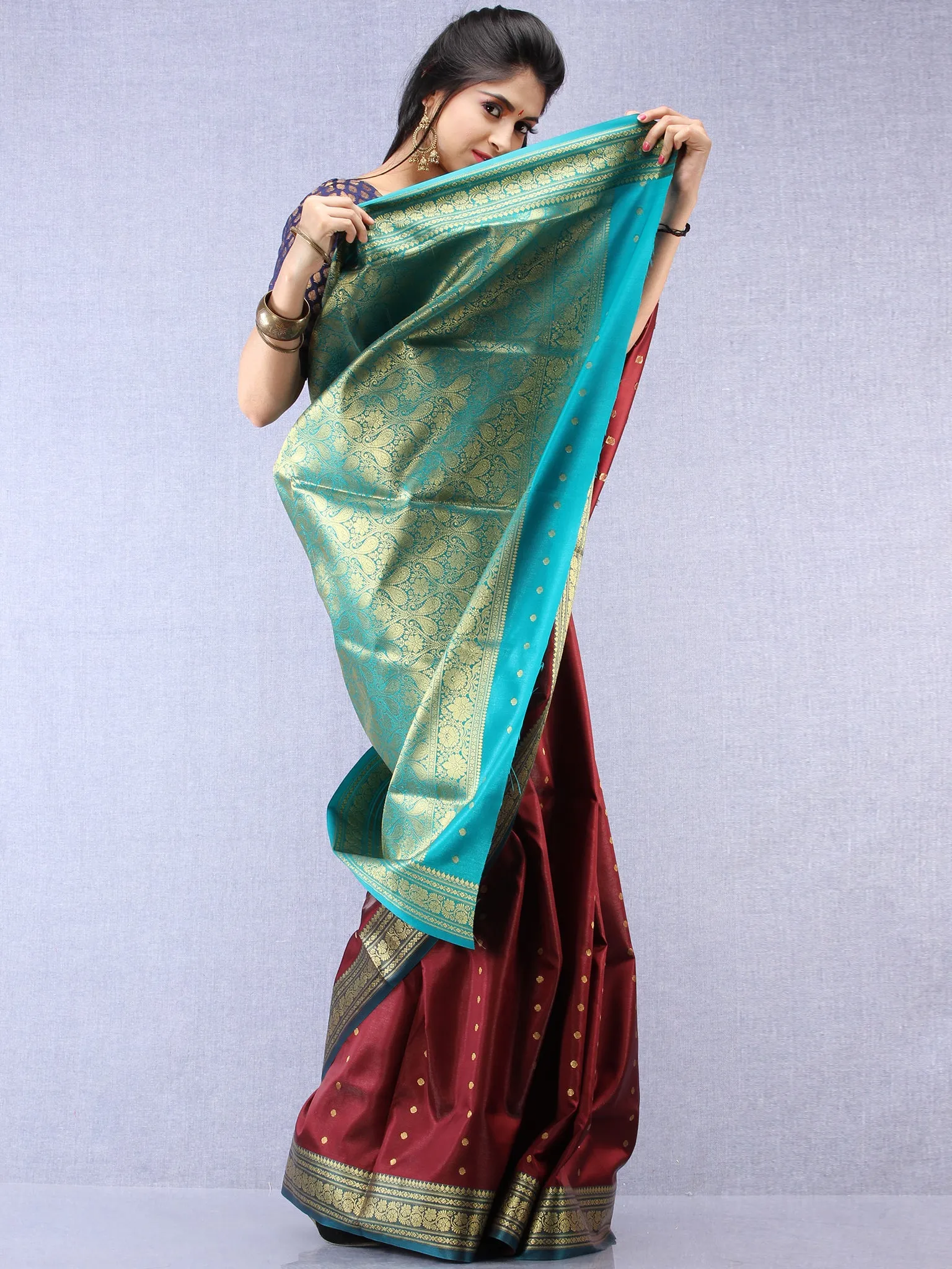 Banarasee Art Silk Self Weave Saree With Zari Work - Wine Green & Gold - S031704342