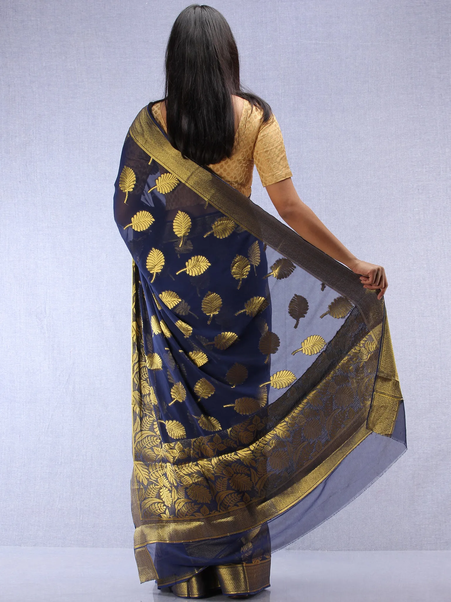 Banarasee Chiffon Saree With Golden Zari Weave - Blue & Gold - S031704400