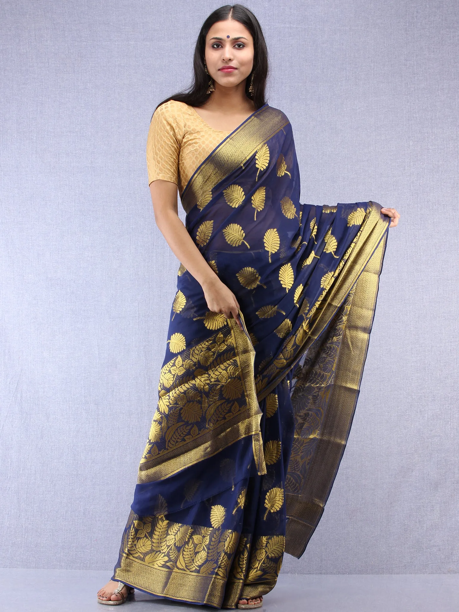 Banarasee Chiffon Saree With Golden Zari Weave - Blue & Gold - S031704400