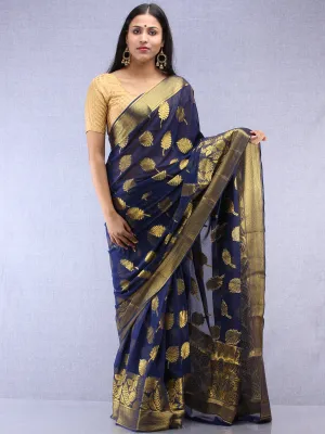 Banarasee Chiffon Saree With Golden Zari Weave - Blue & Gold - S031704400