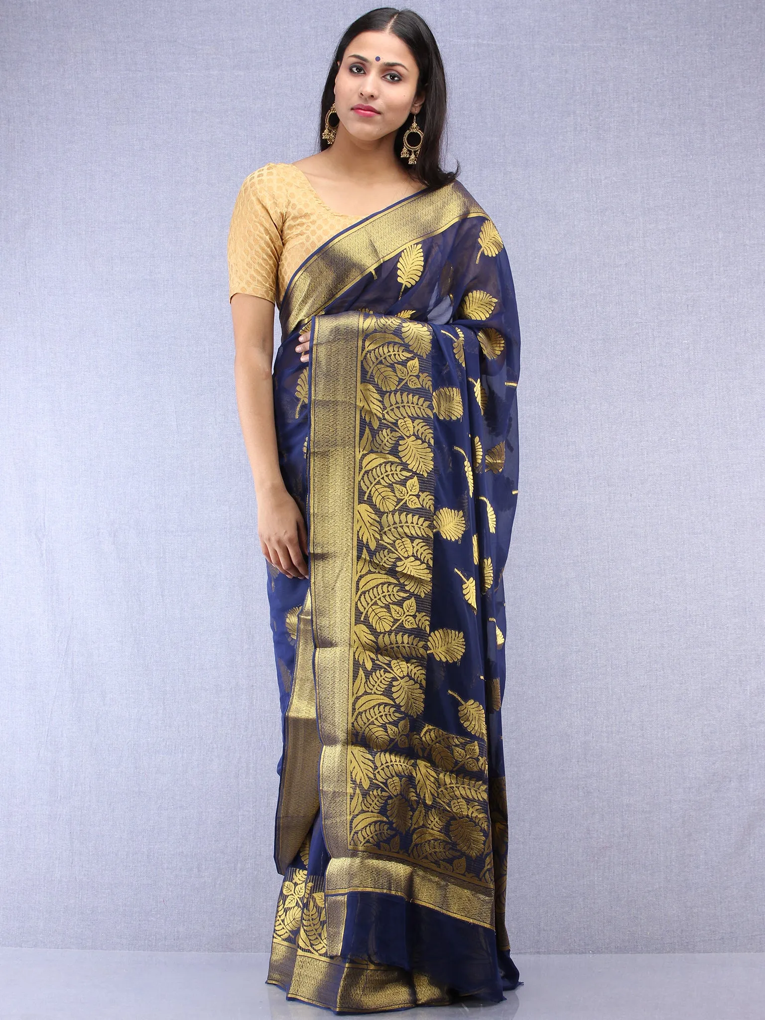 Banarasee Chiffon Saree With Golden Zari Weave - Blue & Gold - S031704400