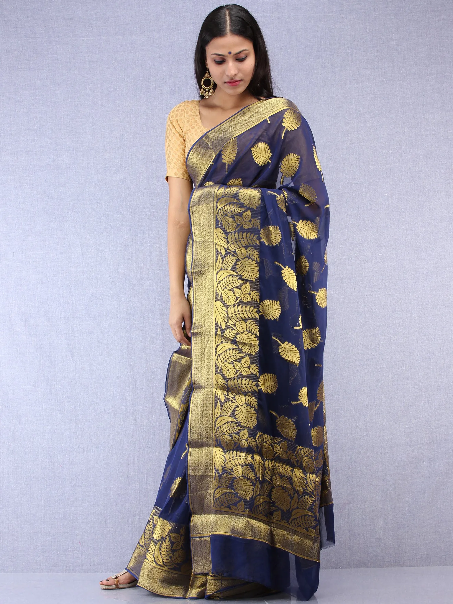 Banarasee Chiffon Saree With Golden Zari Weave - Blue & Gold - S031704400