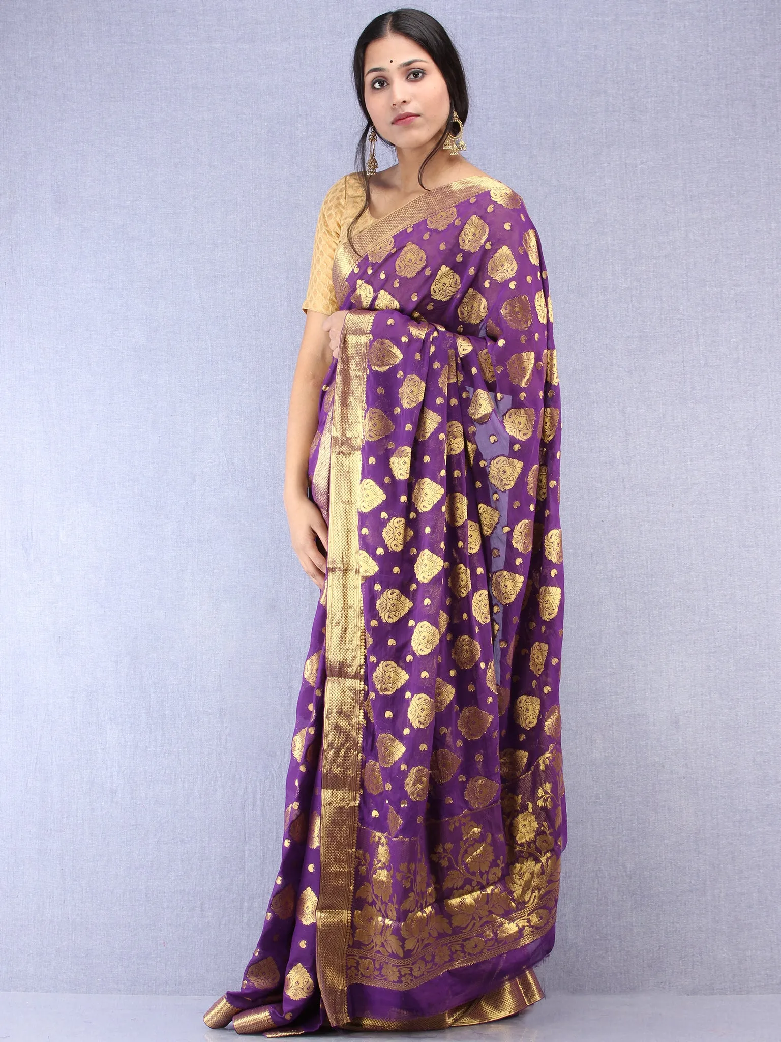 Banarasee Chiffon Saree With Golden Zari Weave - Purple & Gold - S031704359