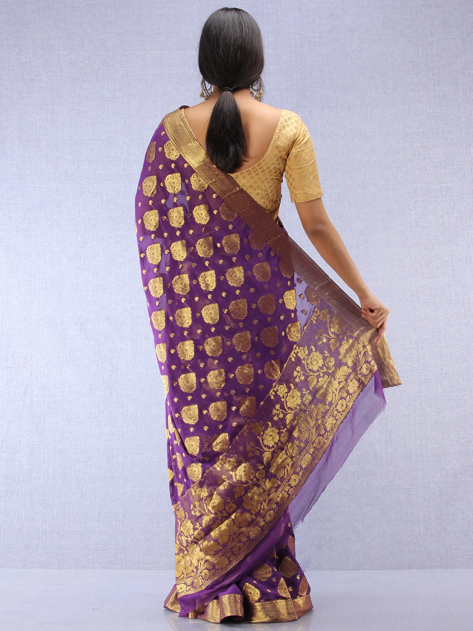 Banarasee Chiffon Saree With Golden Zari Weave - Purple & Gold - S031704359