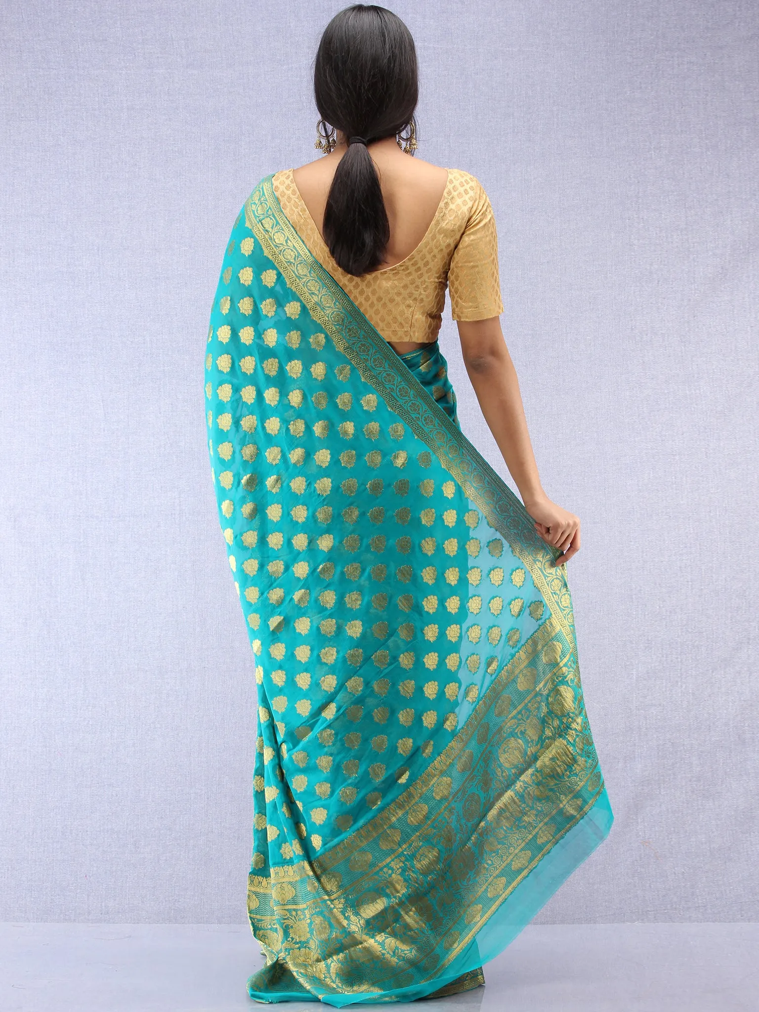 Banarasee Chiffon Saree With Golden Zari Weave - Sea Blue & Gold - S031704364