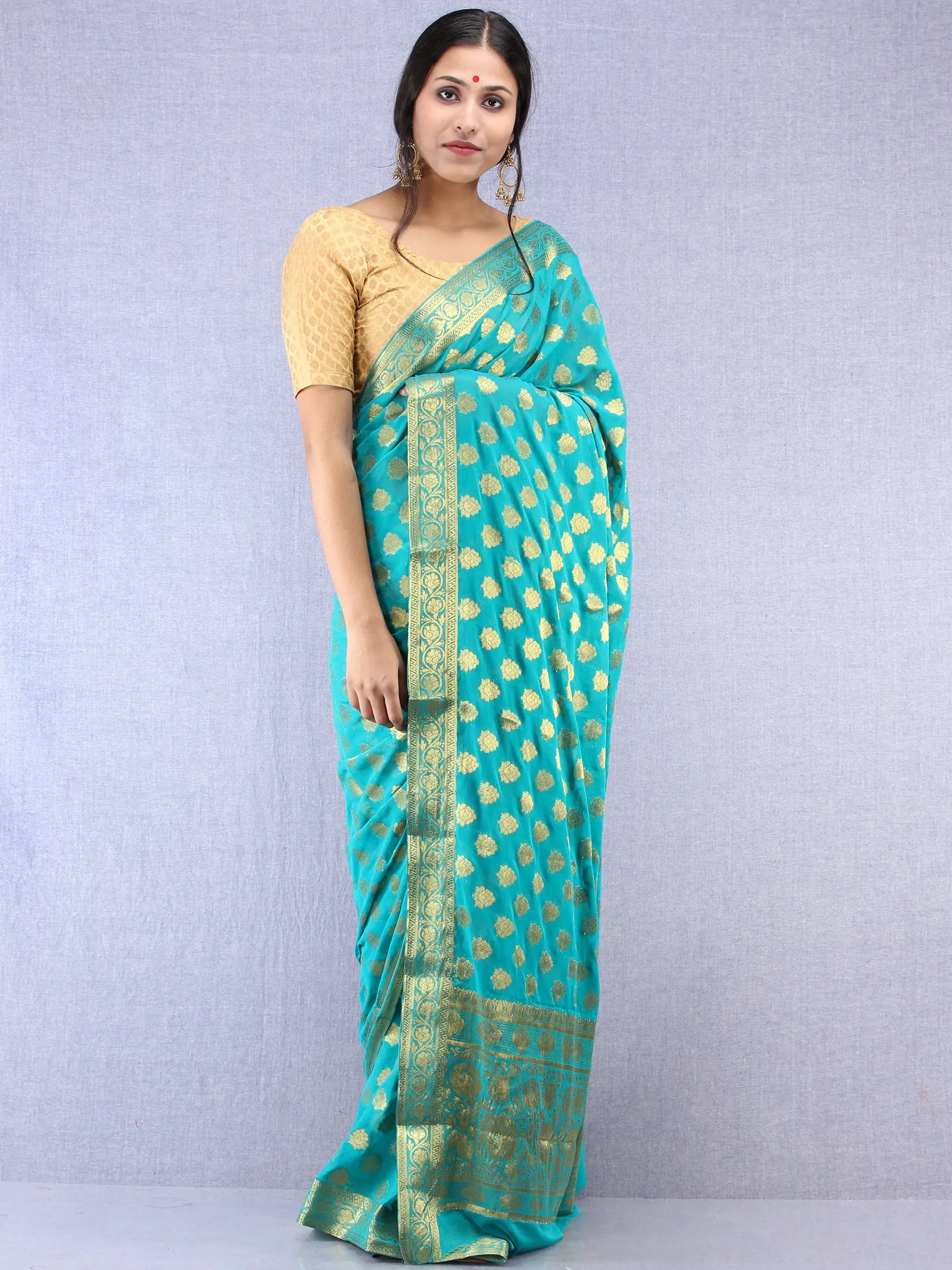 Banarasee Chiffon Saree With Golden Zari Weave - Sea Blue & Gold - S031704364