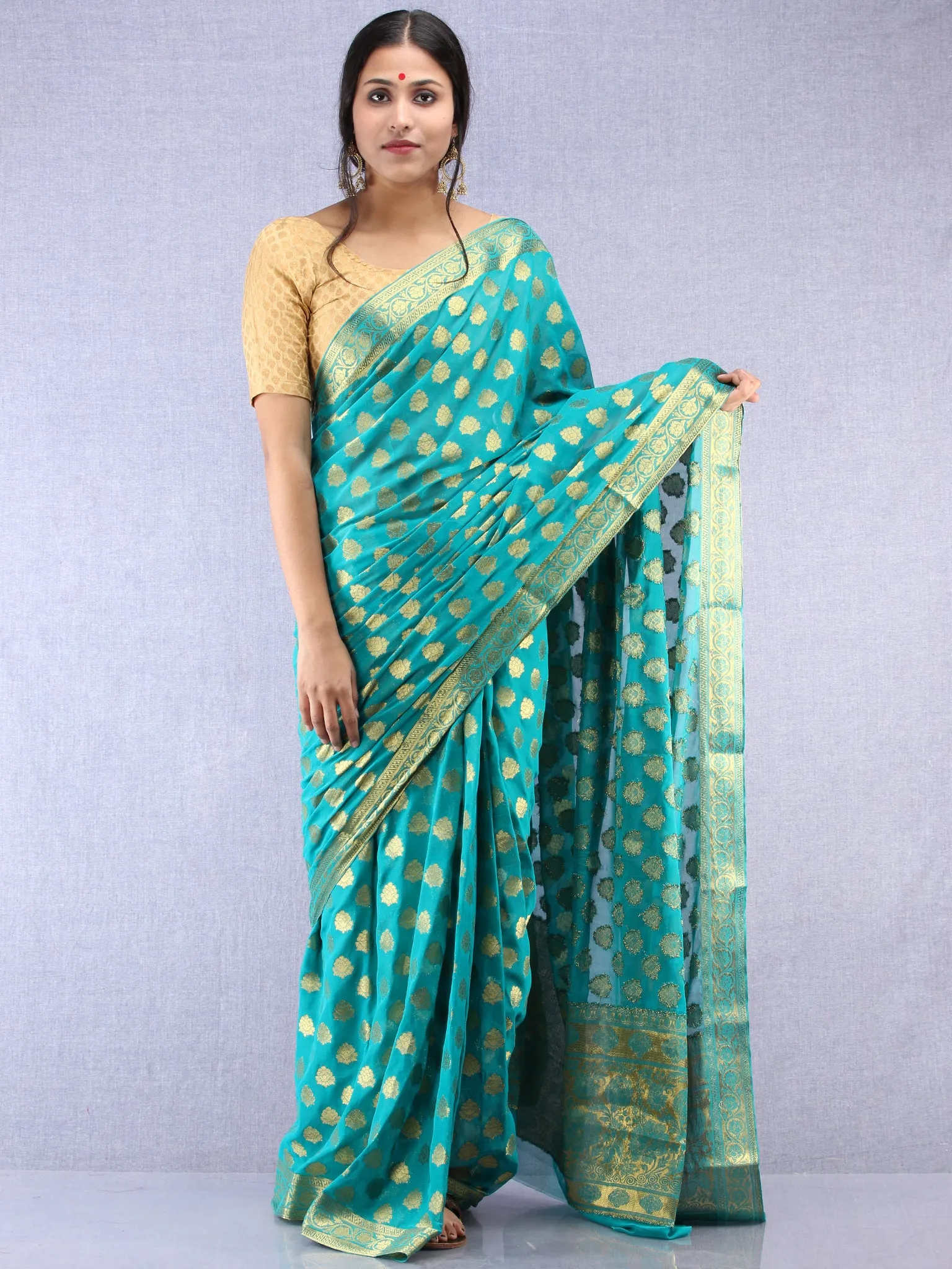 Banarasee Chiffon Saree With Golden Zari Weave - Sea Blue & Gold - S031704364