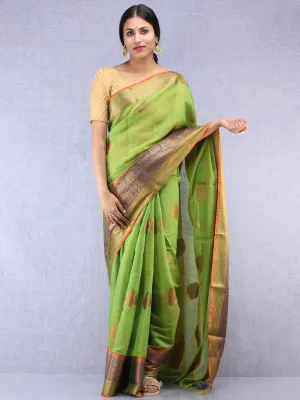 Banarasee Cotton Silk Saree With Zari Work - Light Green Blue & Gold - S031704434