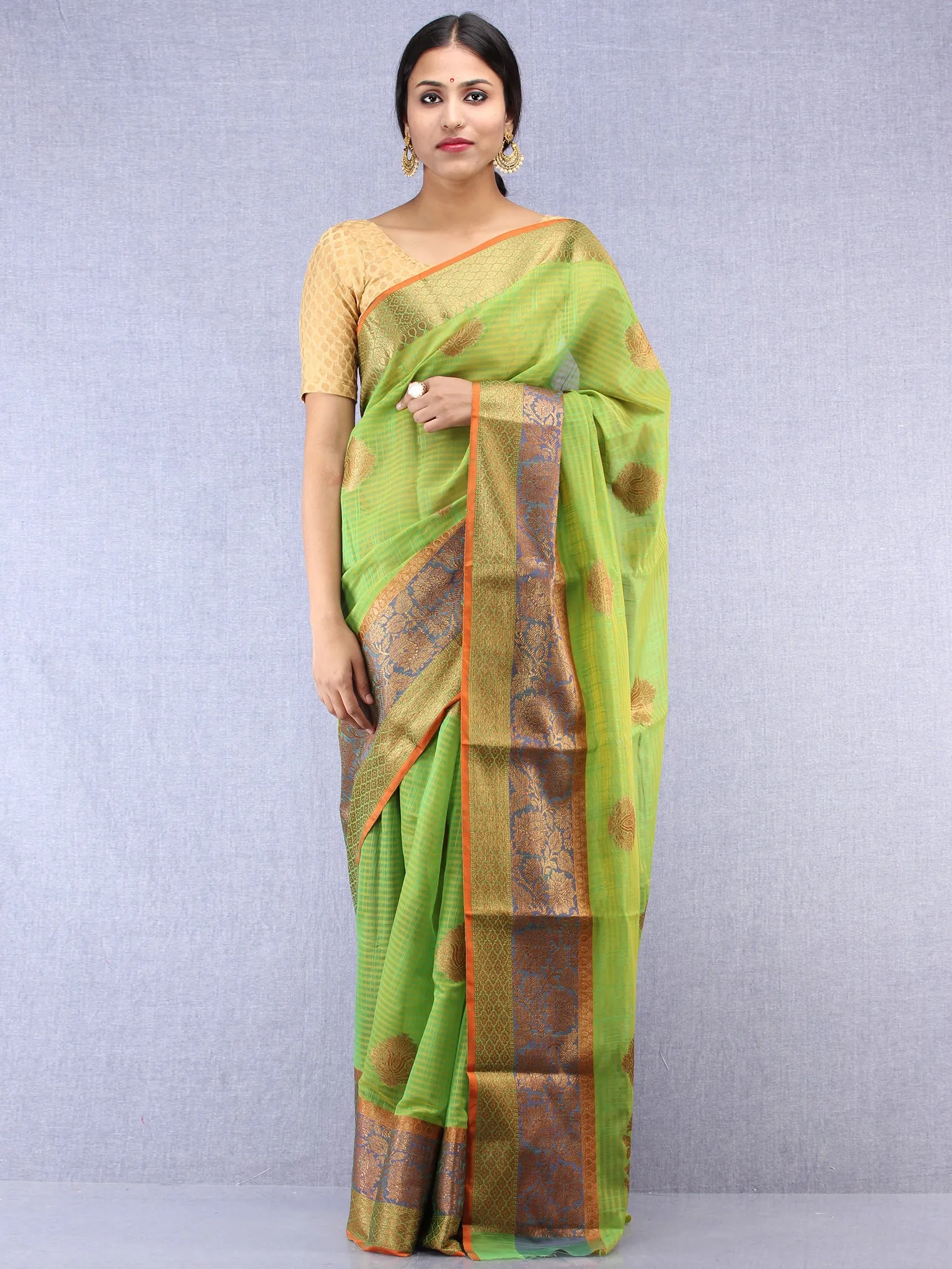 Banarasee Cotton Silk Saree With Zari Work - Light Green Blue & Gold - S031704434