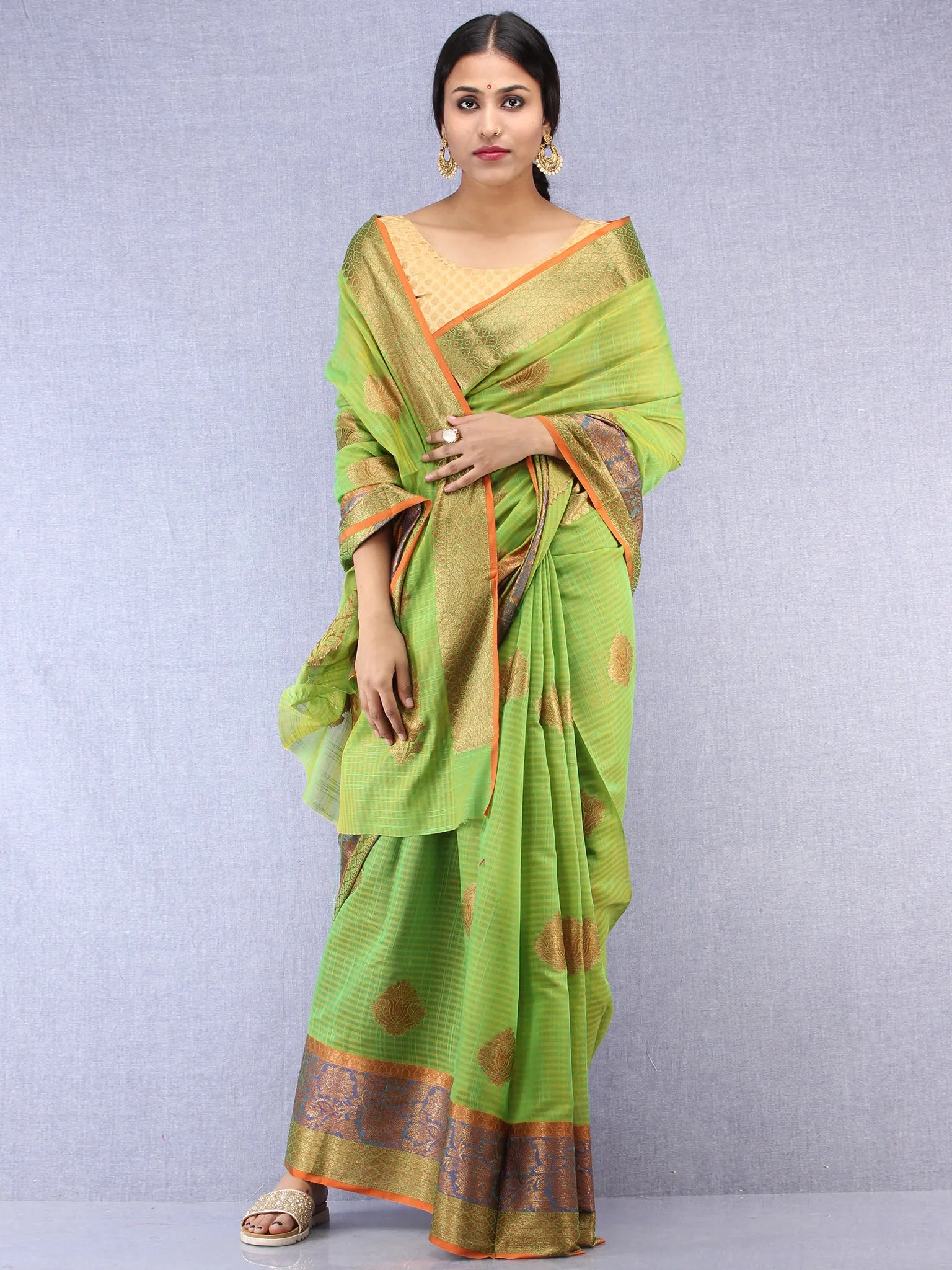 Banarasee Cotton Silk Saree With Zari Work - Light Green Blue & Gold - S031704434