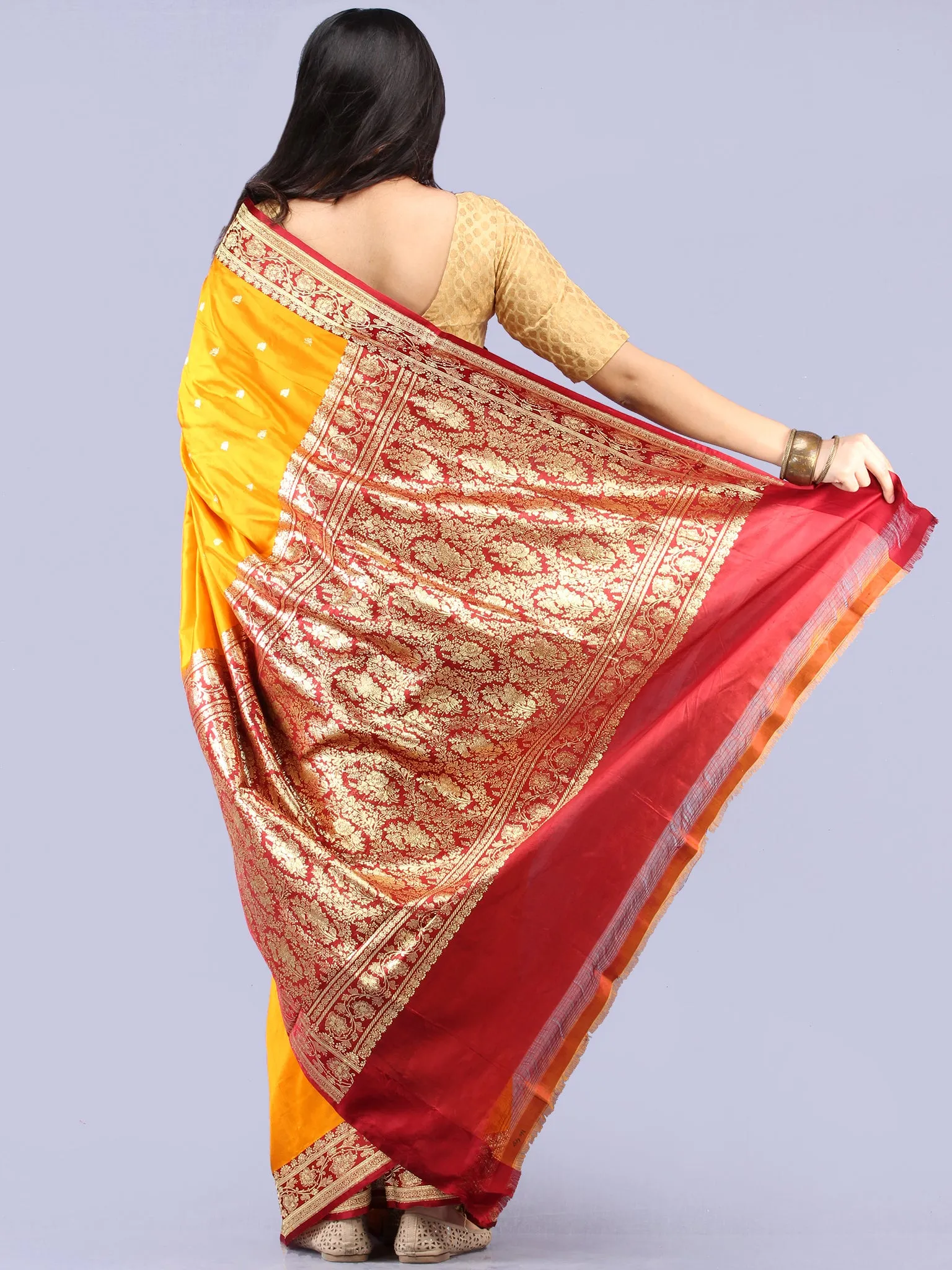 Banarasee Katan Silk Handloom Saree With Zari Work - Golden Yellow Maroon & Gold  - S031704303