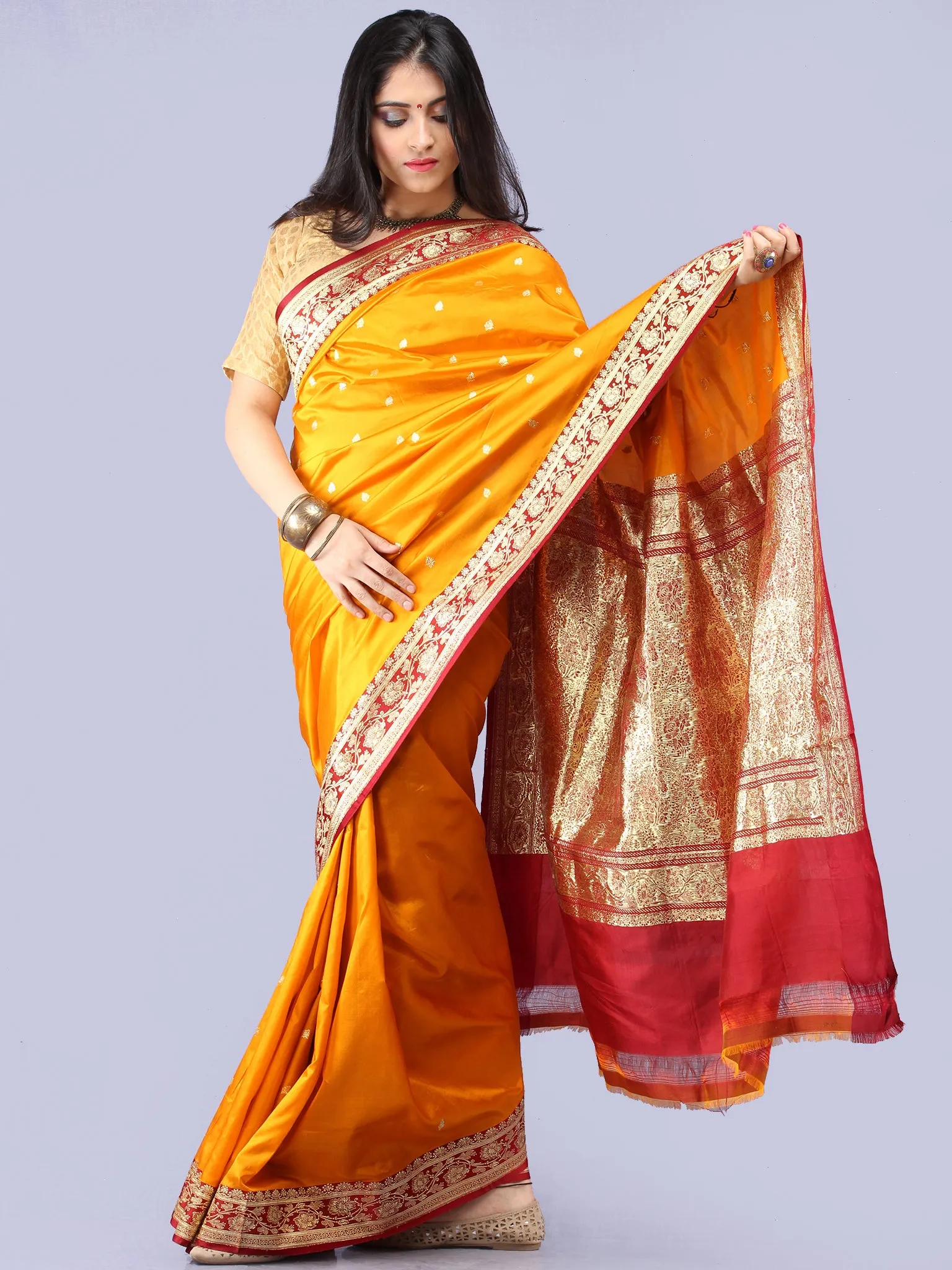 Banarasee Katan Silk Handloom Saree With Zari Work - Golden Yellow Maroon & Gold  - S031704303