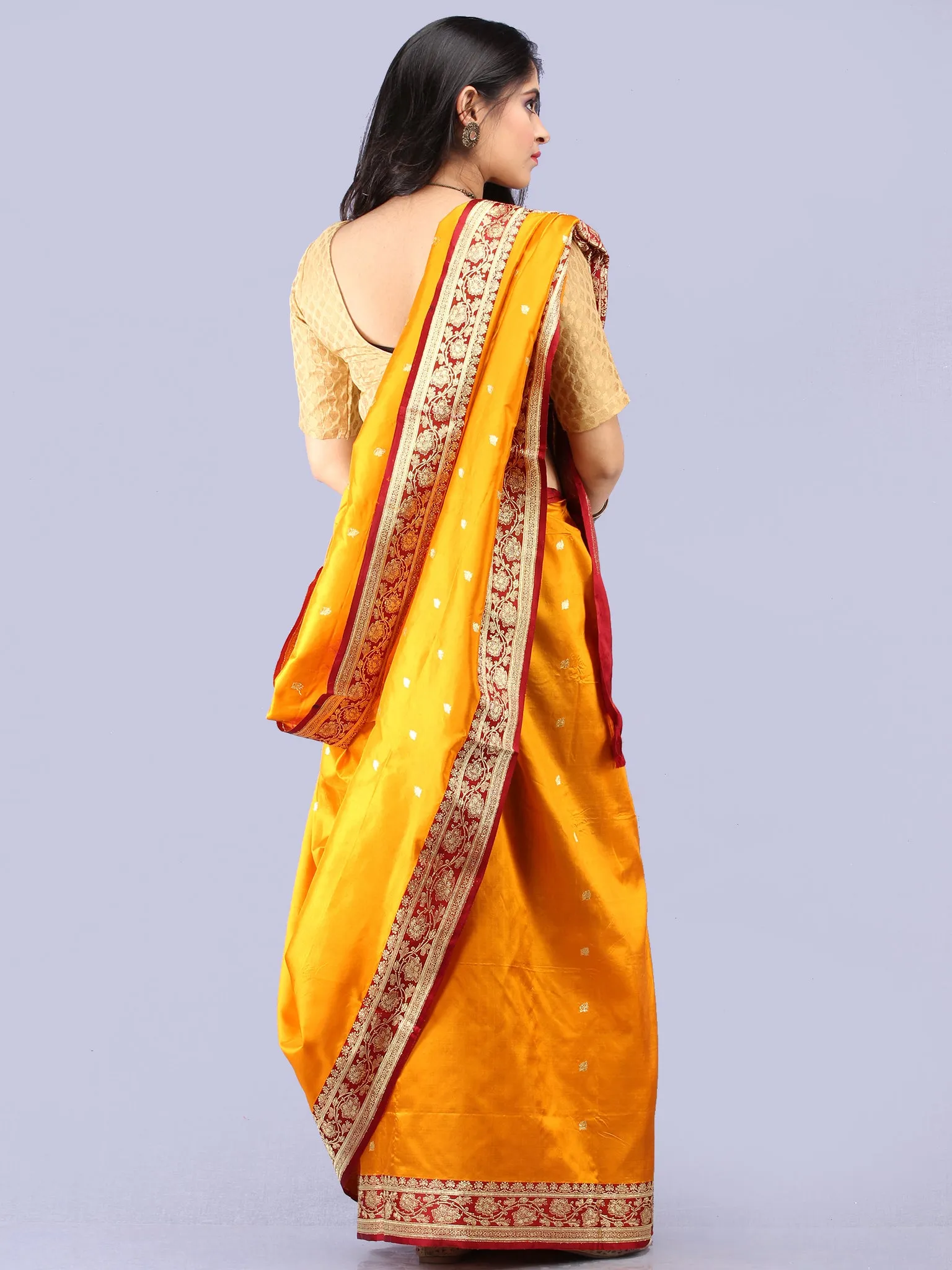 Banarasee Katan Silk Handloom Saree With Zari Work - Golden Yellow Maroon & Gold  - S031704303