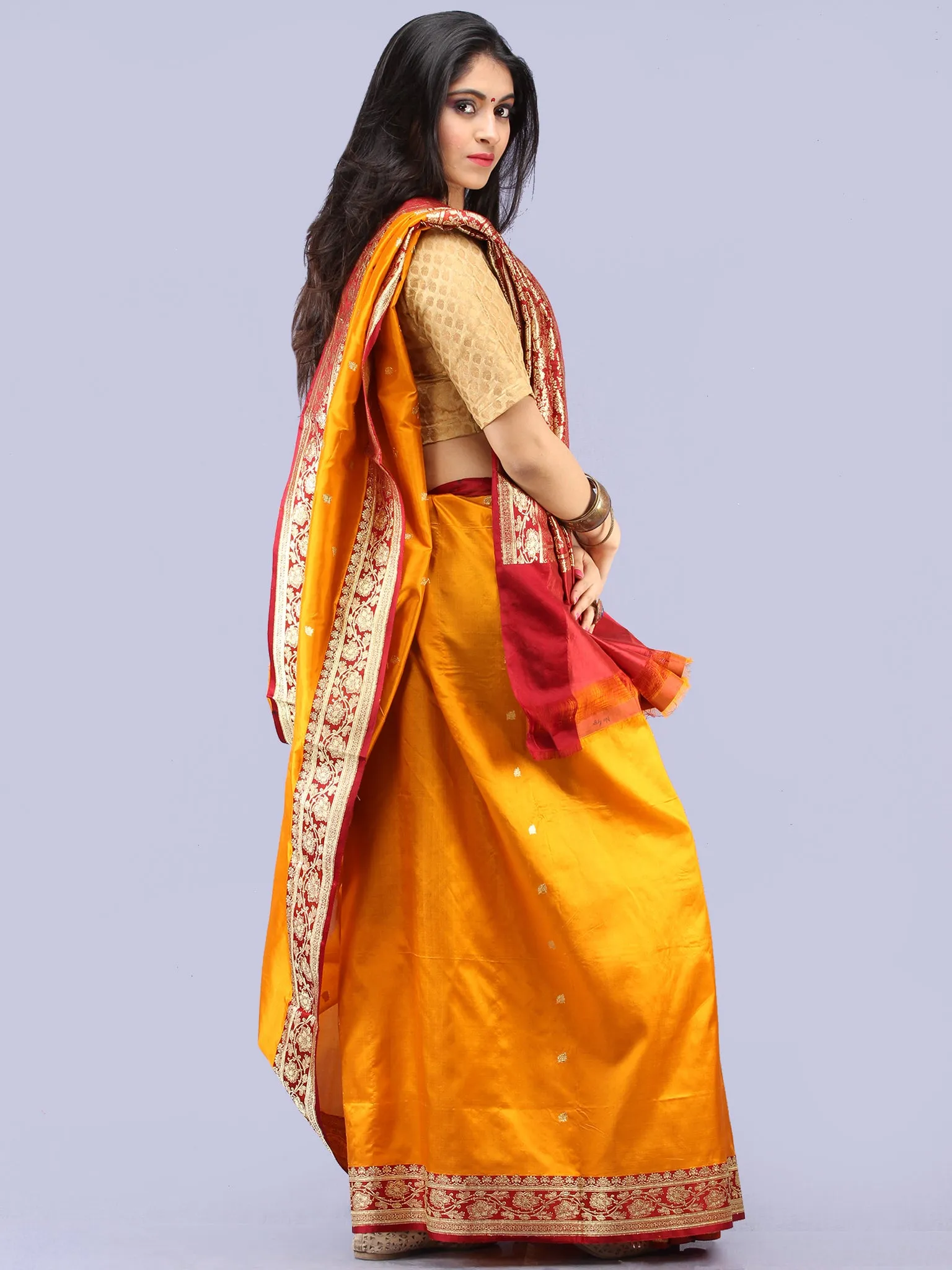 Banarasee Katan Silk Handloom Saree With Zari Work - Golden Yellow Maroon & Gold  - S031704303