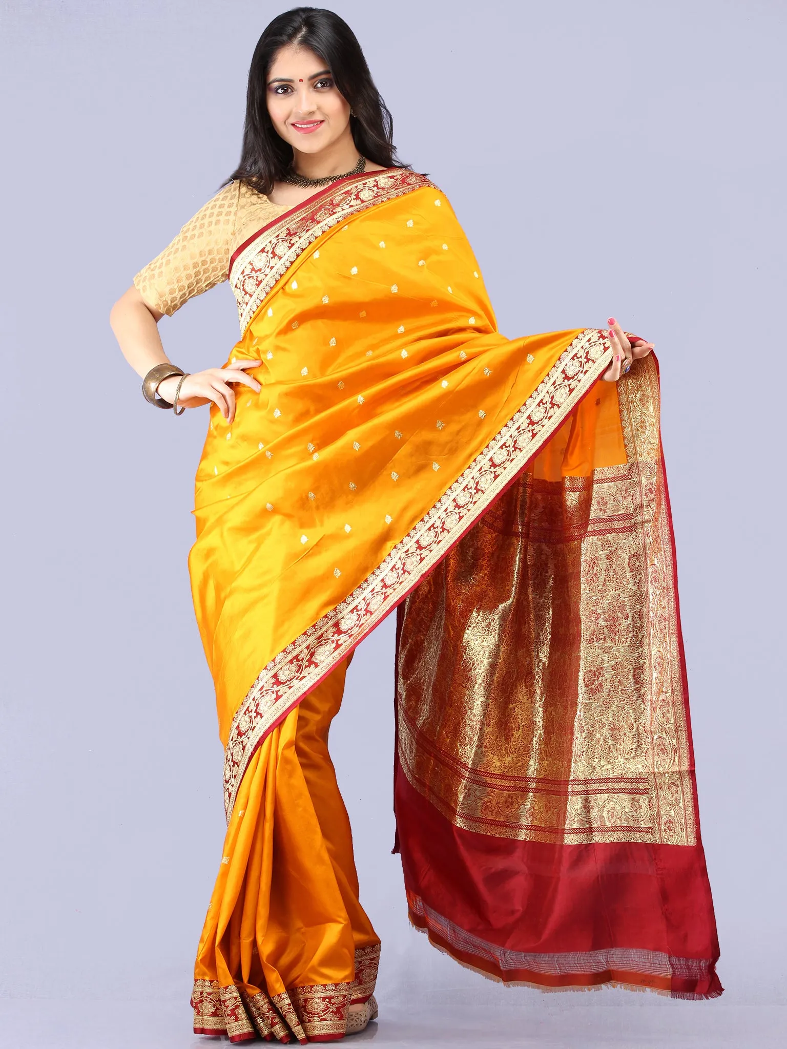 Banarasee Katan Silk Handloom Saree With Zari Work - Golden Yellow Maroon & Gold  - S031704303