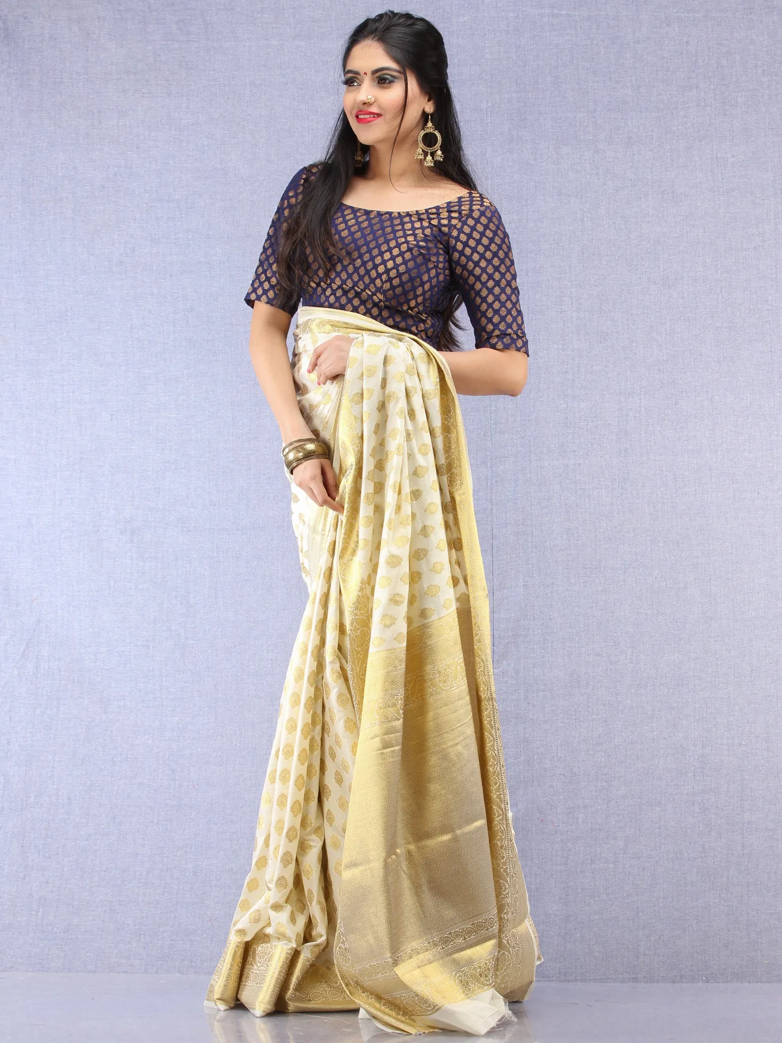 Banarasee Semi Silk Saree With Zari Work - Ivory & Gold - S031704396