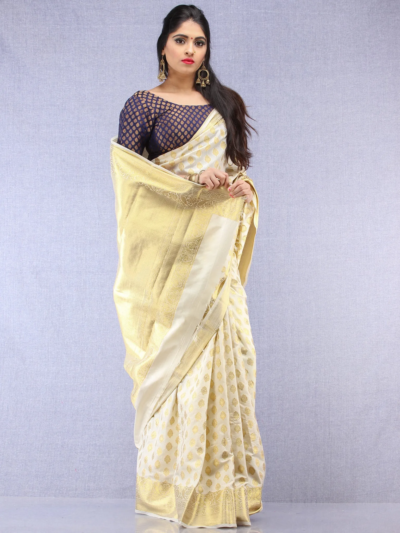 Banarasee Semi Silk Saree With Zari Work - Ivory & Gold - S031704396