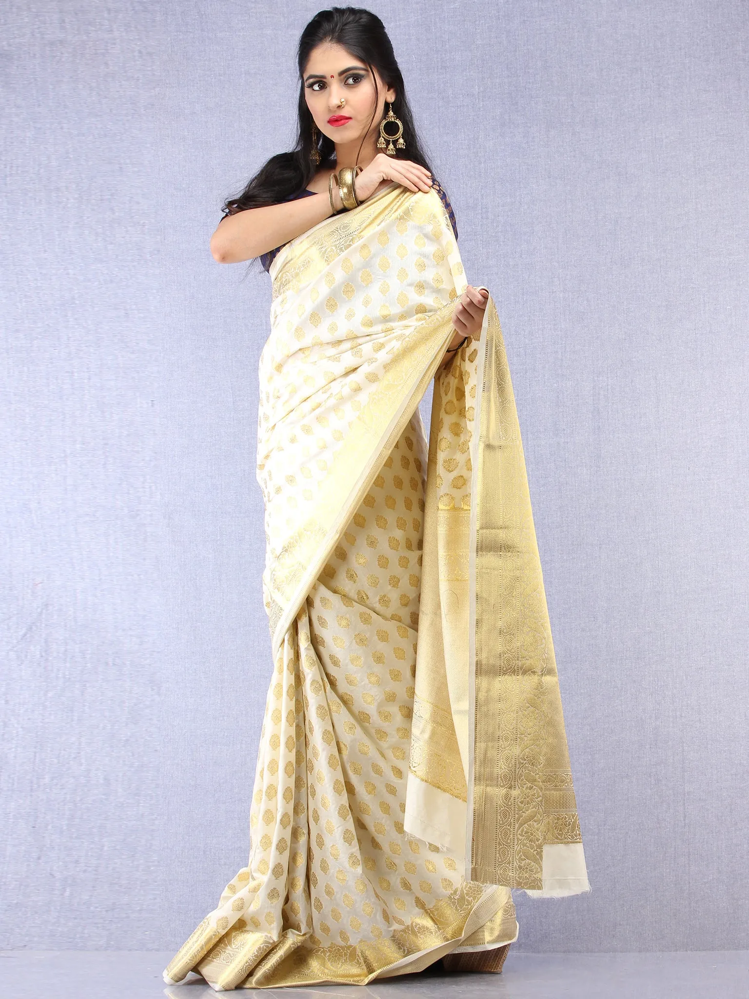 Banarasee Semi Silk Saree With Zari Work - Ivory & Gold - S031704396