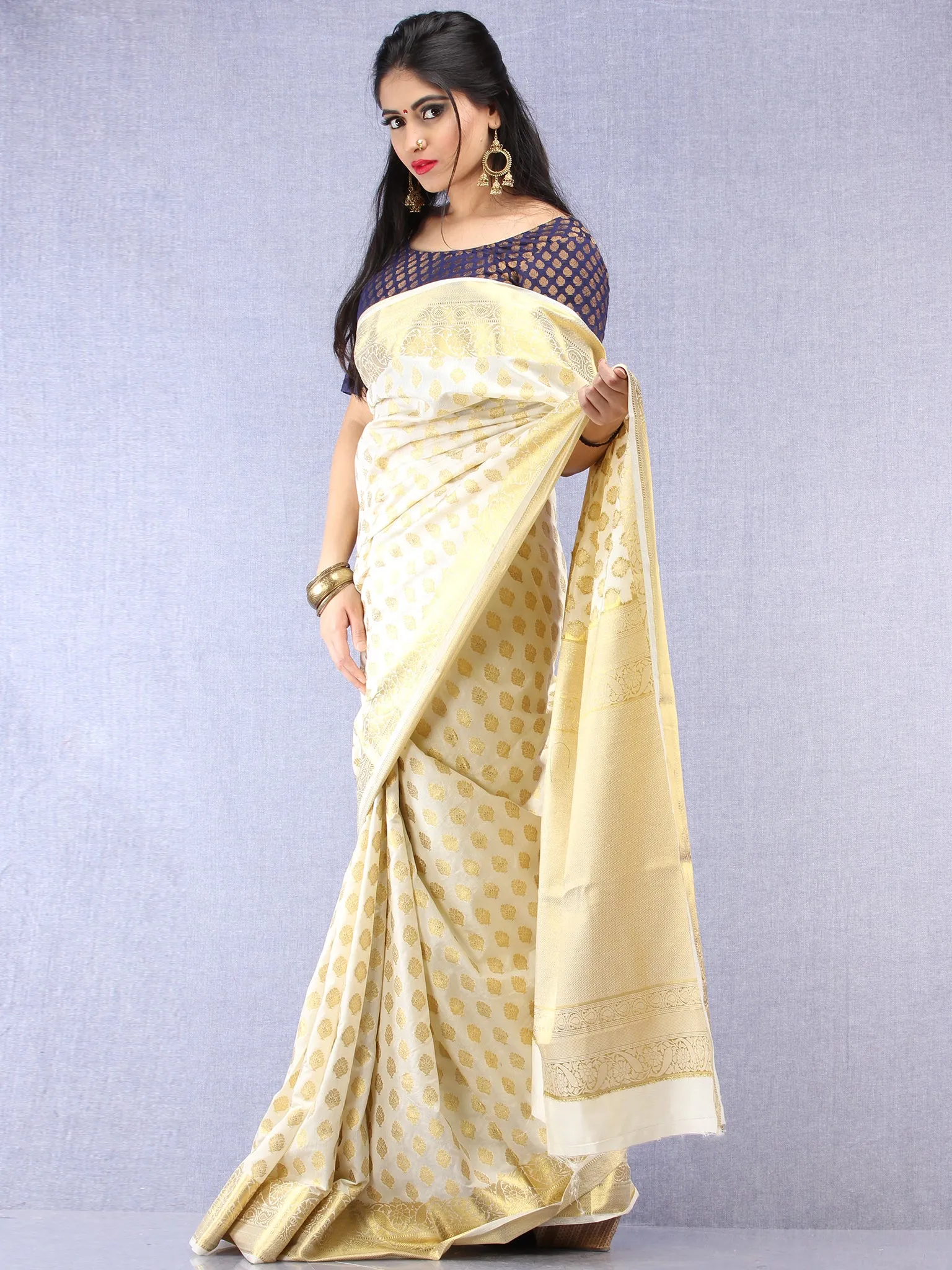 Banarasee Semi Silk Saree With Zari Work - Ivory & Gold - S031704396