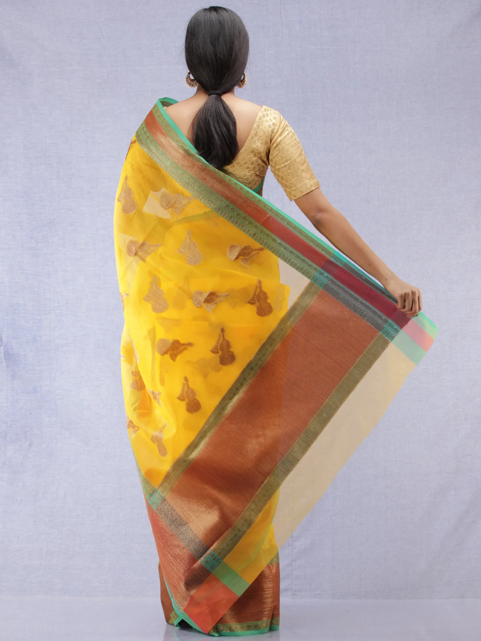 Banarasee Tissue Saree With Zari Work - Yellow Rust Copper Green - S031704313