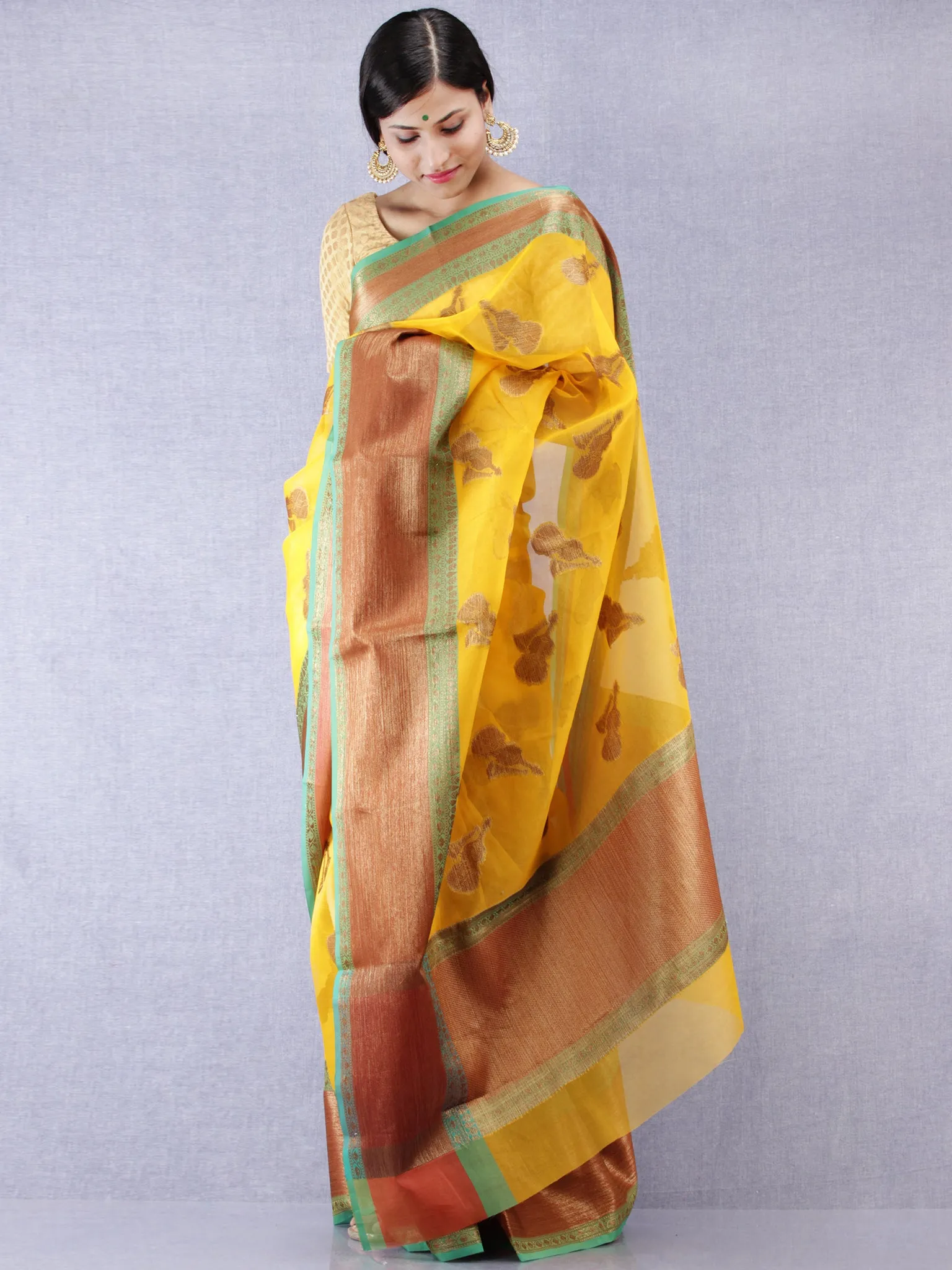 Banarasee Tissue Saree With Zari Work - Yellow Rust Copper Green - S031704313