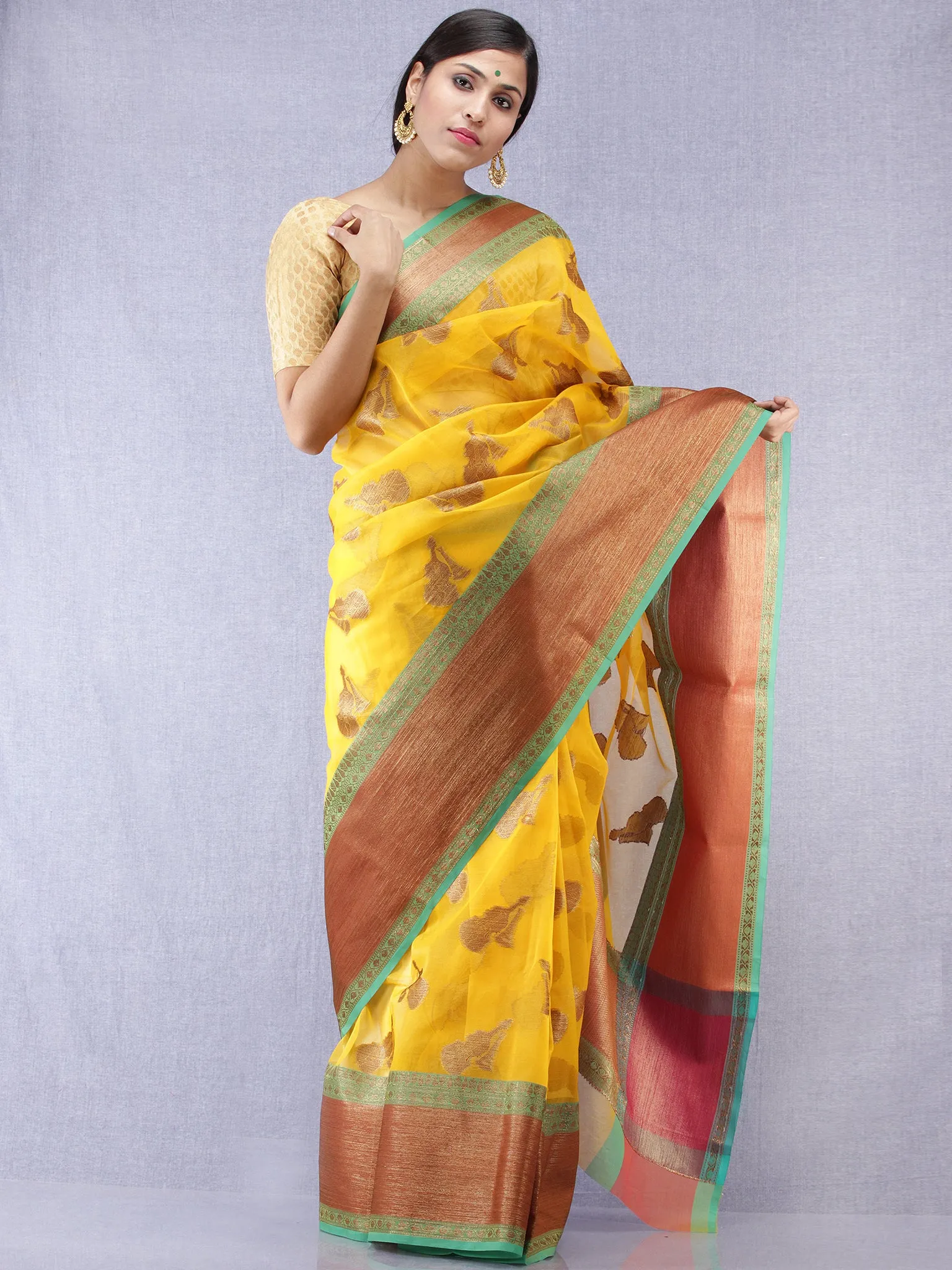 Banarasee Tissue Saree With Zari Work - Yellow Rust Copper Green - S031704313