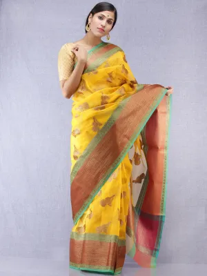 Banarasee Tissue Saree With Zari Work - Yellow Rust Copper Green - S031704313