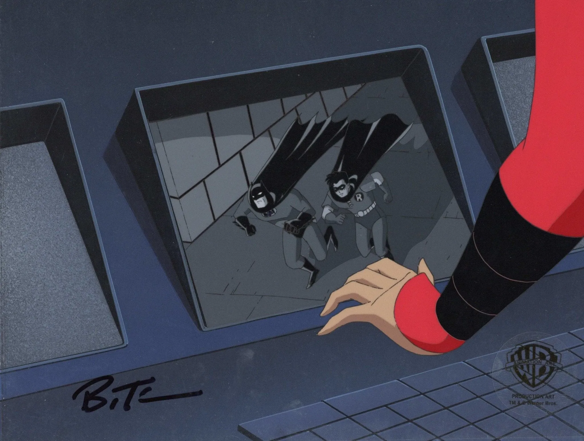 Batman The Animated Series Original Production Cel On Original Background signed by Bruce Timm: Batman, Robin, Red Claw