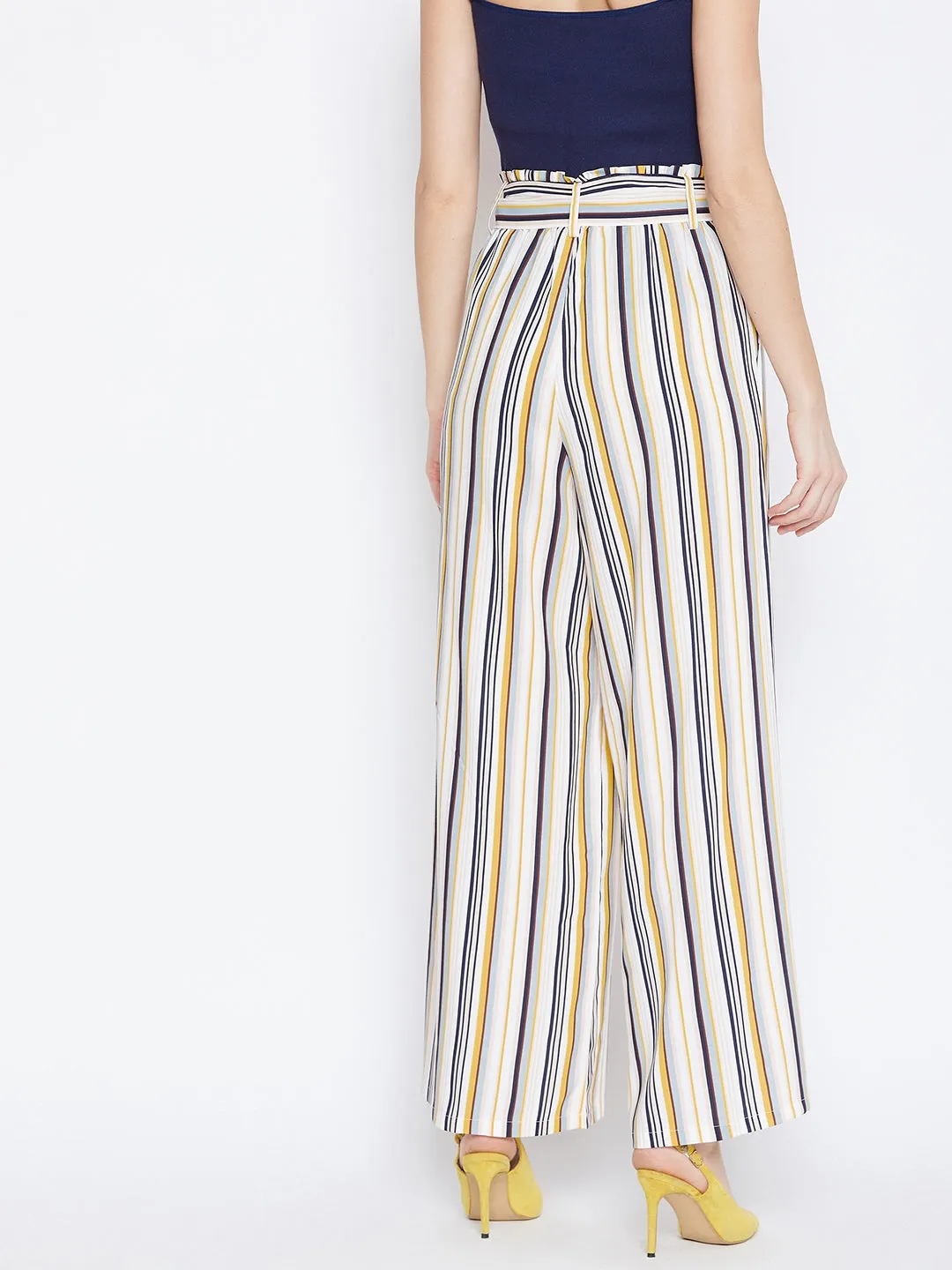 Berrylush Women Multicolour Striped Pattern Waist Tie-Up Mid-Rise Trousers