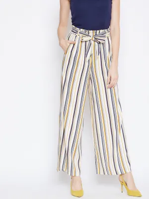 Berrylush Women Multicolour Striped Pattern Waist Tie-Up Mid-Rise Trousers