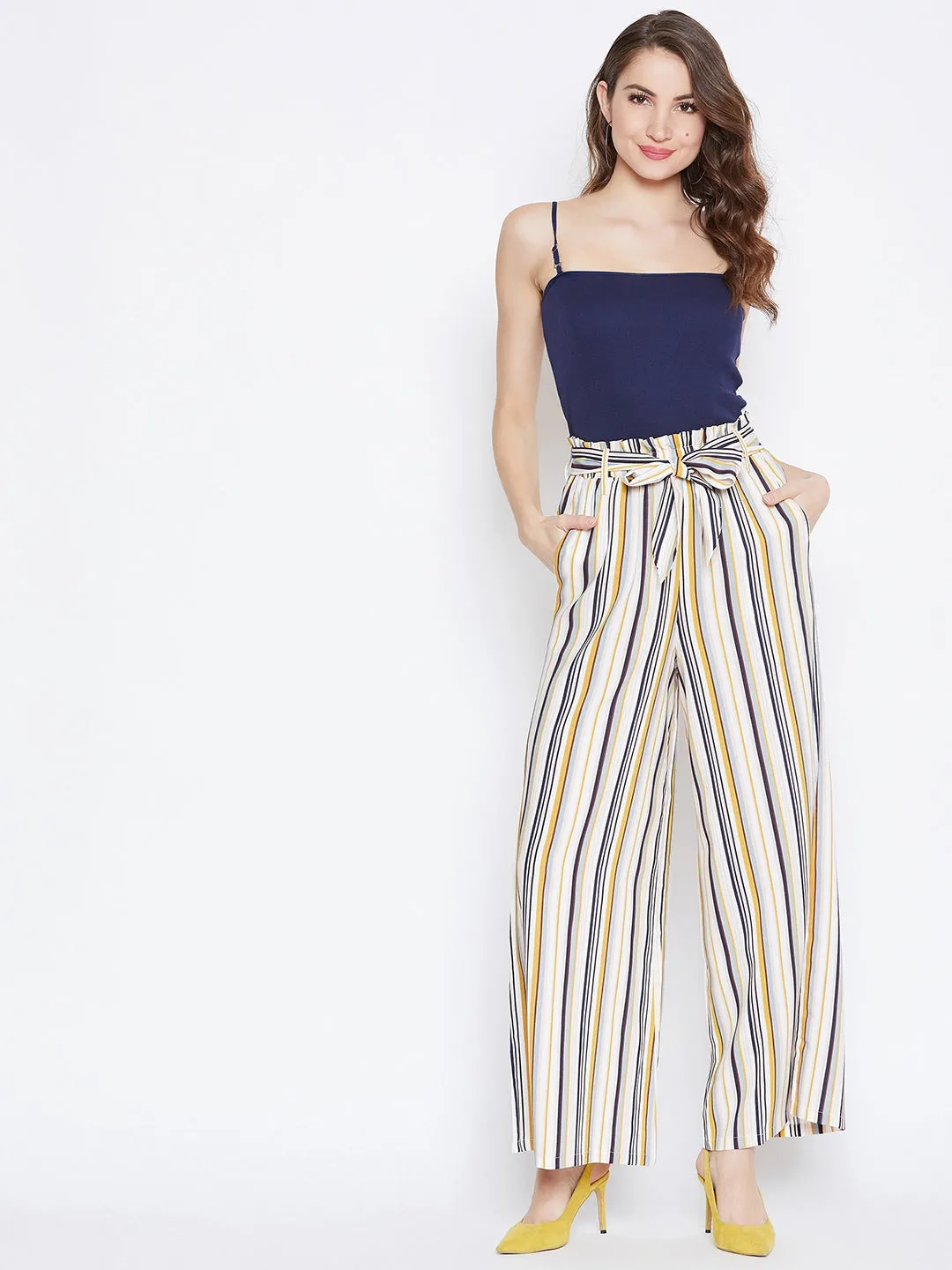 Berrylush Women Multicolour Striped Pattern Waist Tie-Up Mid-Rise Trousers