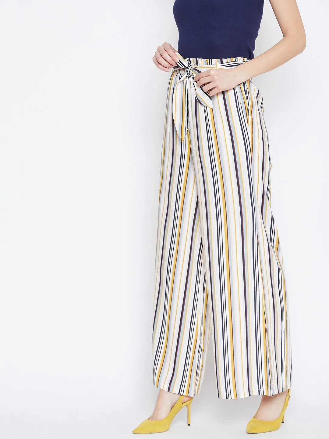 Berrylush Women Multicolour Striped Pattern Waist Tie-Up Mid-Rise Trousers