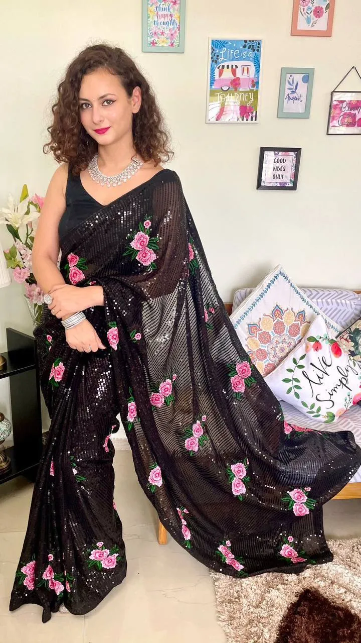 Black Printed Georgette Sequins Saree