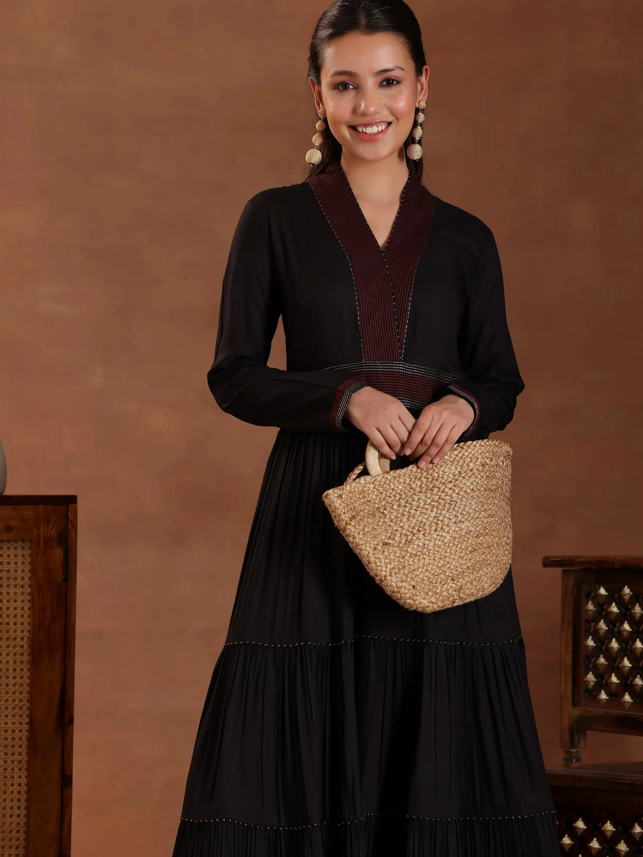 Black Self Design Pure Cotton A-Line Kurta With Sharara & Dupatta