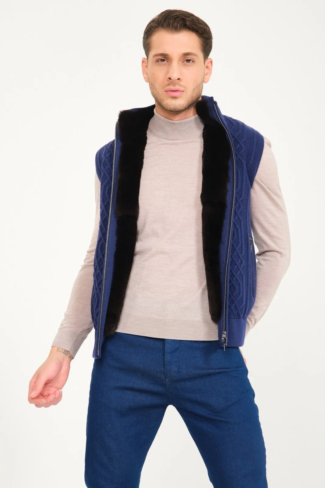 Blue Wool & Rex Fur Knit Vest