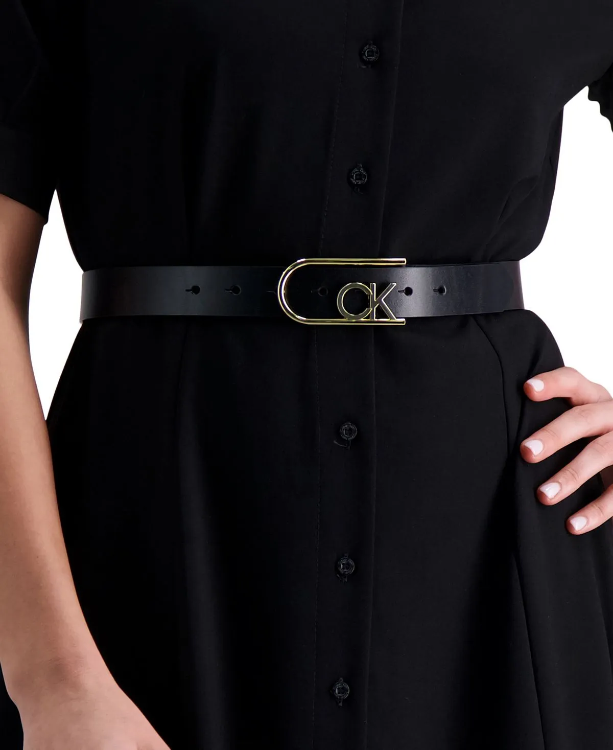 Calvin Klein Two Tone Leather Belt with Monogram Buckle, Black