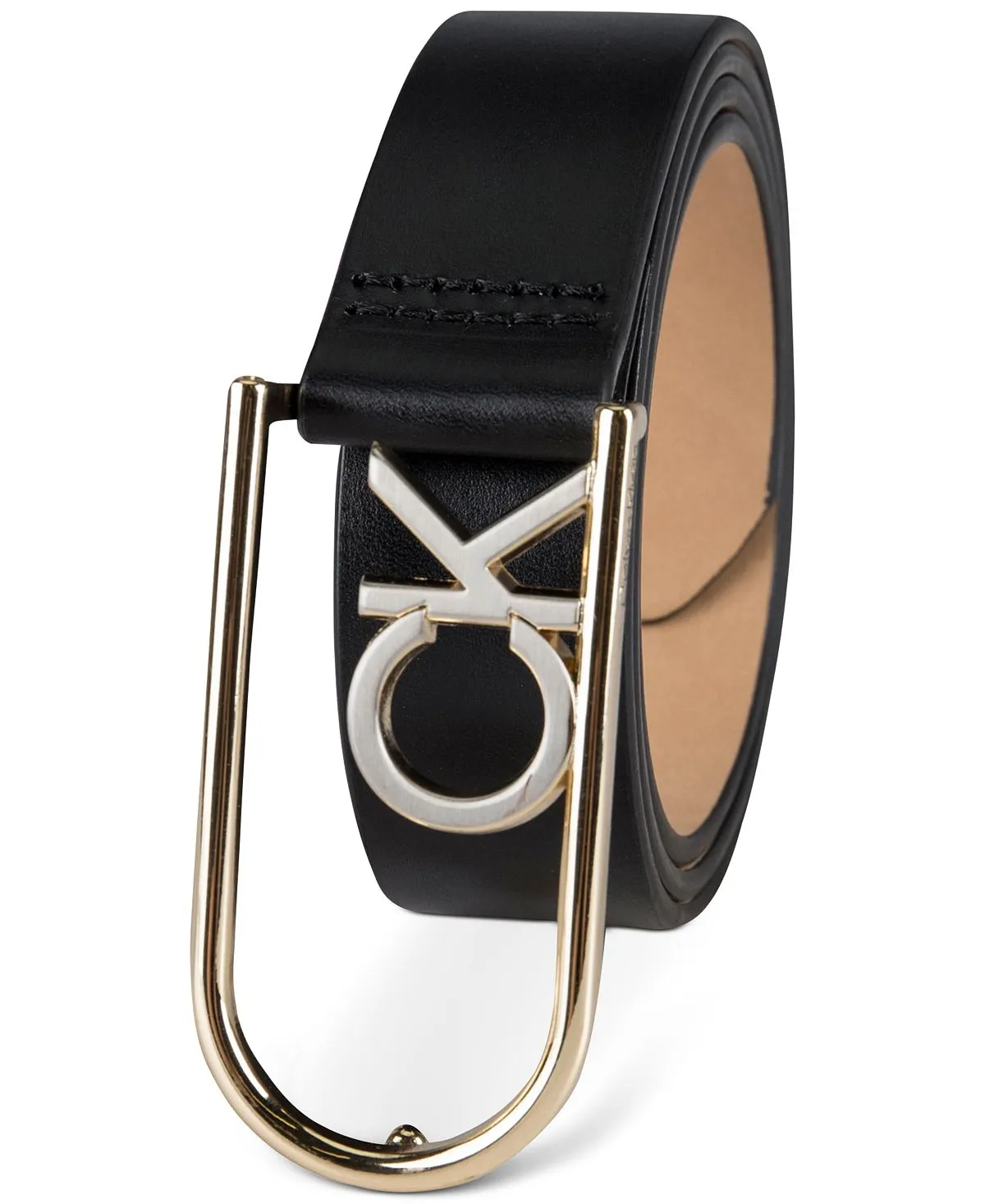 Calvin Klein Two Tone Leather Belt with Monogram Buckle, Black