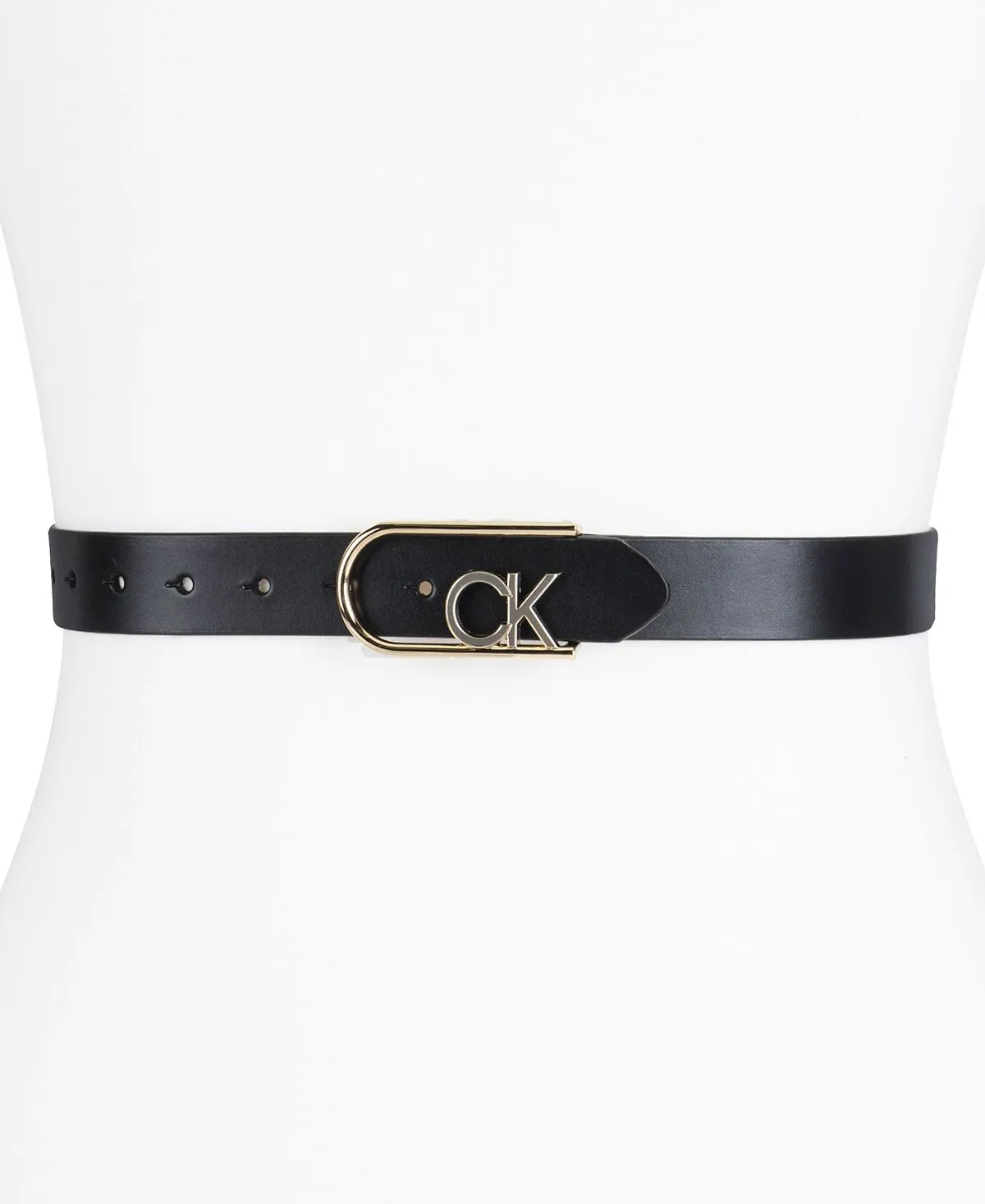 Calvin Klein Two Tone Leather Belt with Monogram Buckle, Black