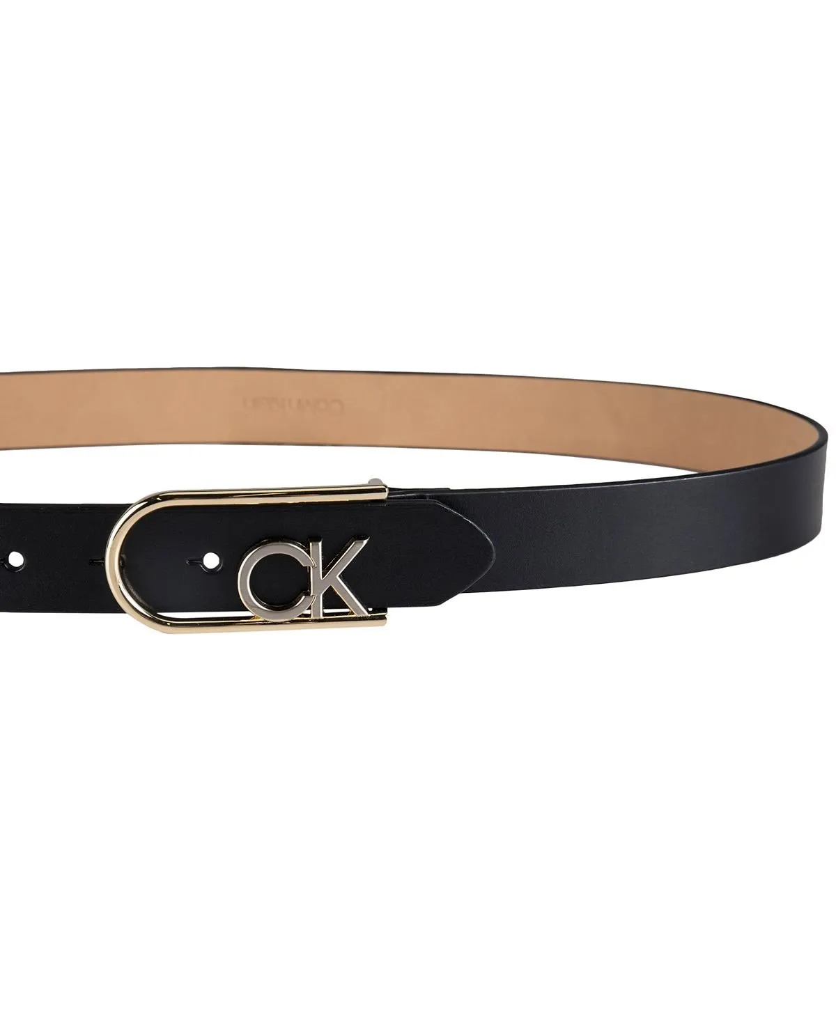 Calvin Klein Two Tone Leather Belt with Monogram Buckle, Black