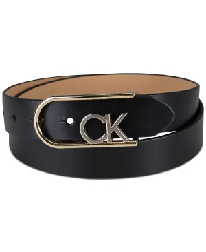 Calvin Klein Two Tone Leather Belt with Monogram Buckle, Black