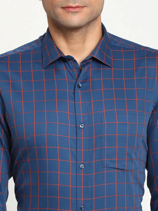 Cotton Blue Regular Fit Checked Formal Shirts