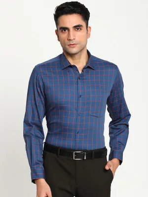 Cotton Blue Regular Fit Checked Formal Shirts