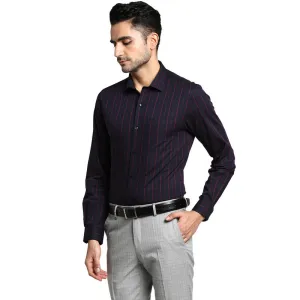 Cotton Navy Blue Slim Fit Striped Formal Shirts