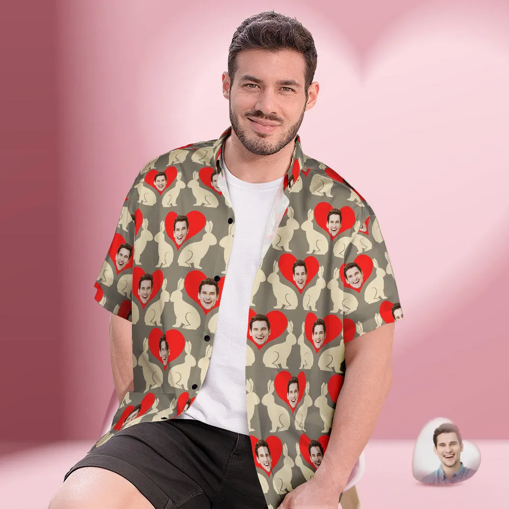 Custom Face Hawaiian Shirt Men's Popular All Over Print Hawaiian Beach Shirt Valentine's Day Gift - Heart and Rabbit